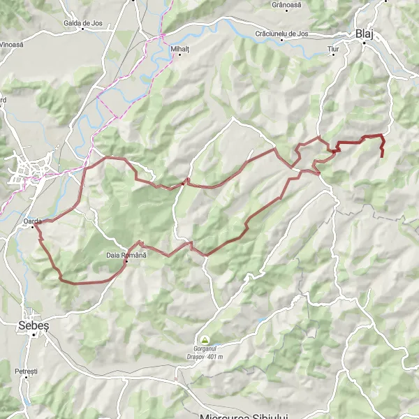 Map miniature of "Majestic Tău Highlands Gravel Tour" cycling inspiration in Centru, Romania. Generated by Tarmacs.app cycling route planner