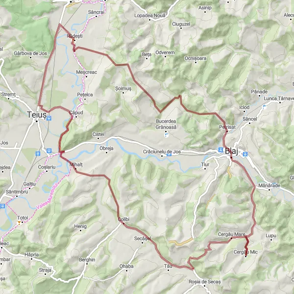 Map miniature of "Through the Gravel Roads" cycling inspiration in Centru, Romania. Generated by Tarmacs.app cycling route planner