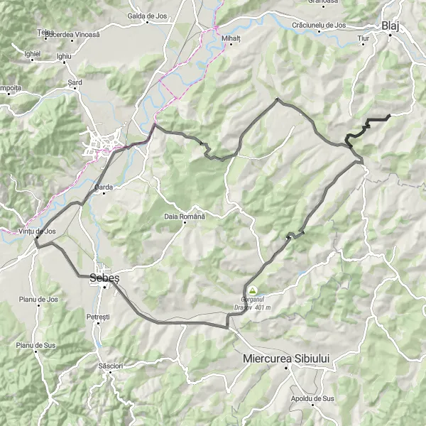 Map miniature of "Secaș Valley Adventure" cycling inspiration in Centru, Romania. Generated by Tarmacs.app cycling route planner