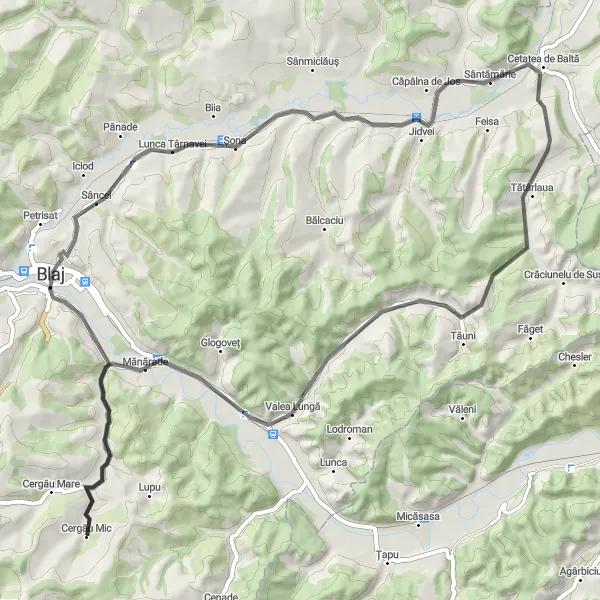 Map miniature of "Exploring Târnava Valley Road Ride" cycling inspiration in Centru, Romania. Generated by Tarmacs.app cycling route planner