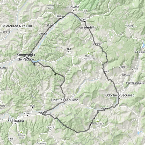 Map miniature of "The Miercurea Nirajului Loop" cycling inspiration in Centru, Romania. Generated by Tarmacs.app cycling route planner