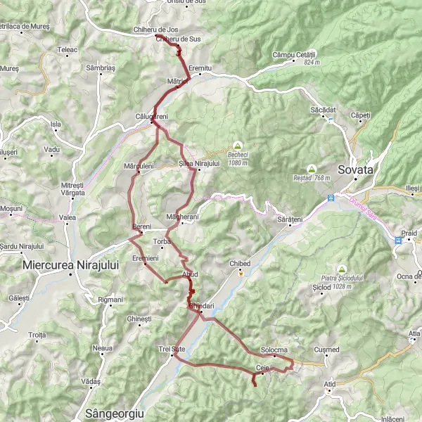 Map miniature of "The Nirajului Gravel Loop" cycling inspiration in Centru, Romania. Generated by Tarmacs.app cycling route planner