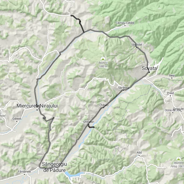 Map miniature of "The Miercurea Nirajului Circuit" cycling inspiration in Centru, Romania. Generated by Tarmacs.app cycling route planner