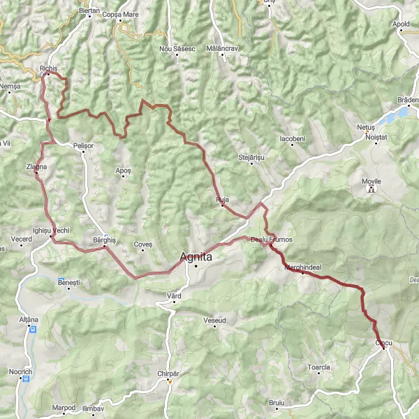 Map miniature of "The Richiș Gravel Adventure" cycling inspiration in Centru, Romania. Generated by Tarmacs.app cycling route planner