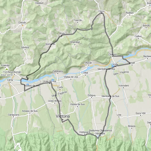 Map miniature of "Voila Valley Loop" cycling inspiration in Centru, Romania. Generated by Tarmacs.app cycling route planner