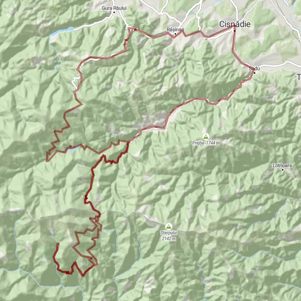 Map miniature of "The Transylvanian Gravel Adventure" cycling inspiration in Centru, Romania. Generated by Tarmacs.app cycling route planner