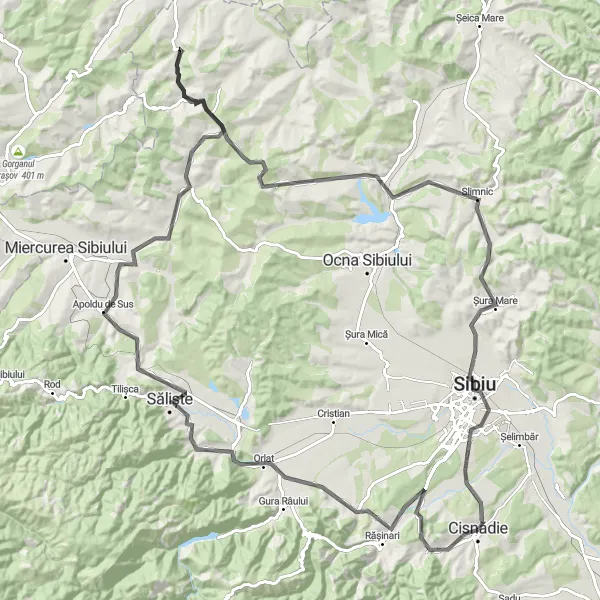 Map miniature of "The Heritage Route" cycling inspiration in Centru, Romania. Generated by Tarmacs.app cycling route planner