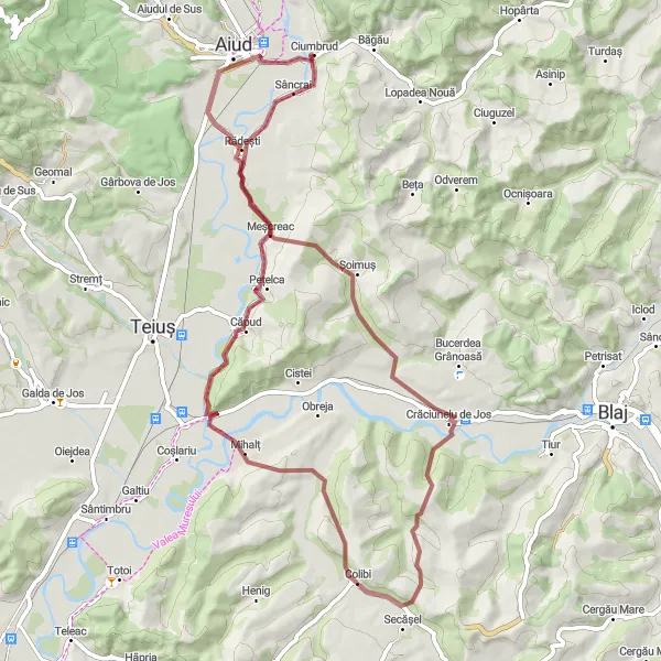 Map miniature of "Southern Sâncrai Gravel Loop" cycling inspiration in Centru, Romania. Generated by Tarmacs.app cycling route planner
