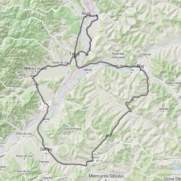 Map miniature of "Teiuș CountrysideLoop" cycling inspiration in Centru, Romania. Generated by Tarmacs.app cycling route planner