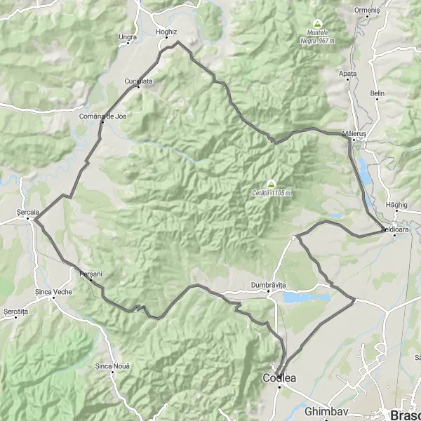 Map miniature of "The Road to Adventure" cycling inspiration in Centru, Romania. Generated by Tarmacs.app cycling route planner