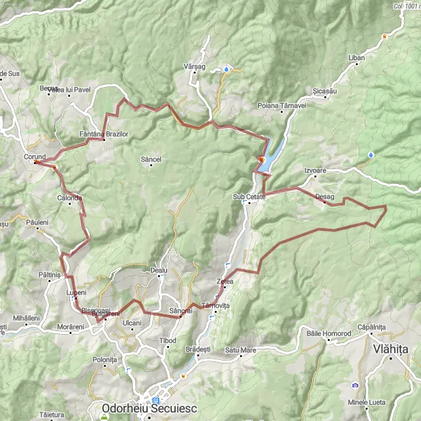 Map miniature of "Gravel Gems of Corund" cycling inspiration in Centru, Romania. Generated by Tarmacs.app cycling route planner