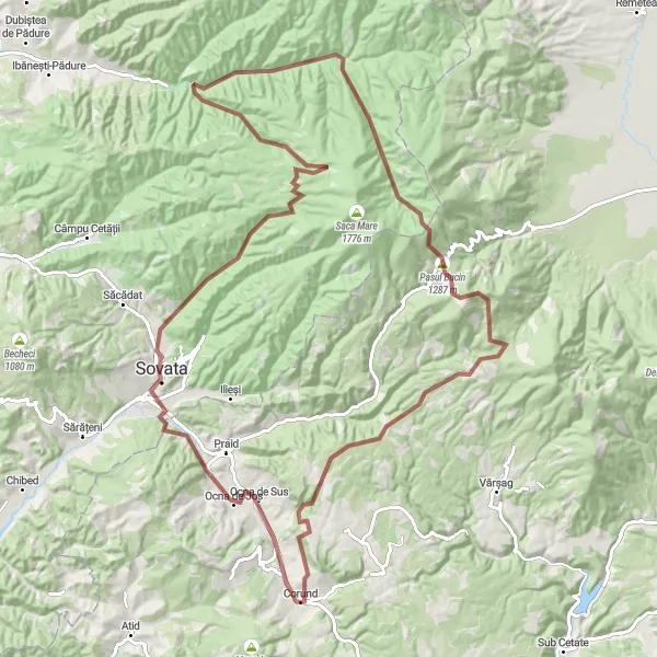 Map miniature of "Gravel Challenge: Corund to Becaș" cycling inspiration in Centru, Romania. Generated by Tarmacs.app cycling route planner