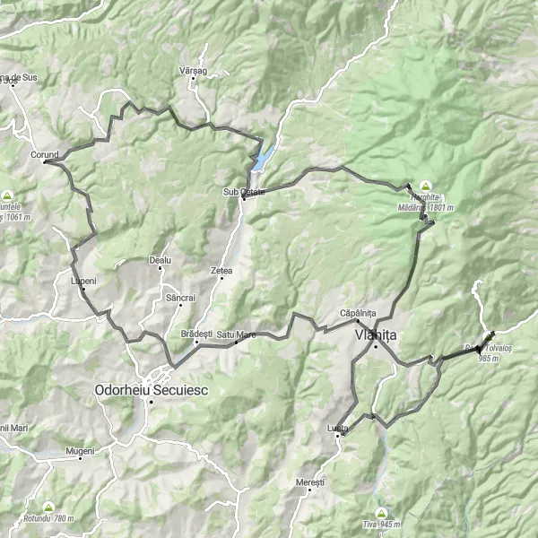 Map miniature of "The Ultimate Road Adventure: Corund to Calonda" cycling inspiration in Centru, Romania. Generated by Tarmacs.app cycling route planner