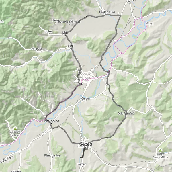 Map miniature of "Galda de Jos - Șeușa - Daia Română - Sebeș - Vurpăr - Orașul Alba Iulia - Cricău Loop" cycling inspiration in Centru, Romania. Generated by Tarmacs.app cycling route planner