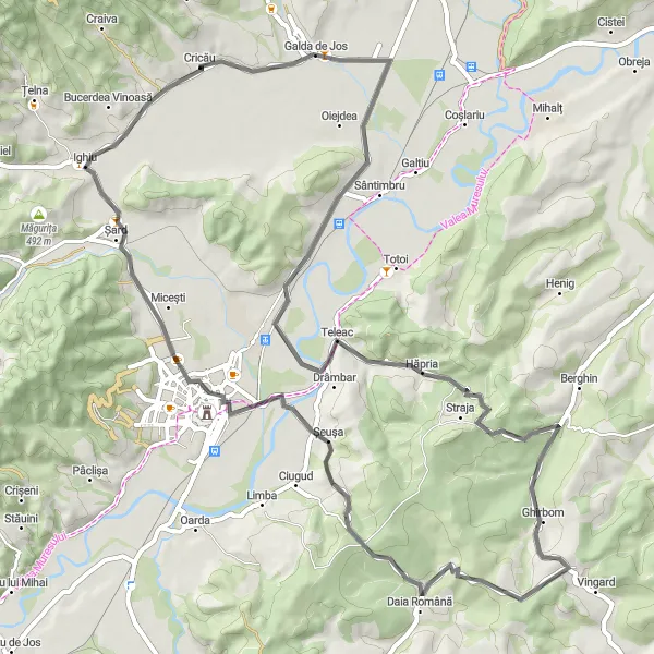 Map miniature of "Galda de Jos and Ghirbom Road Route" cycling inspiration in Centru, Romania. Generated by Tarmacs.app cycling route planner