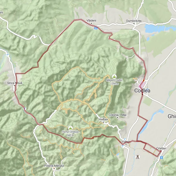 Map miniature of "The Gravel Adventure of Şinca Nouă" cycling inspiration in Centru, Romania. Generated by Tarmacs.app cycling route planner