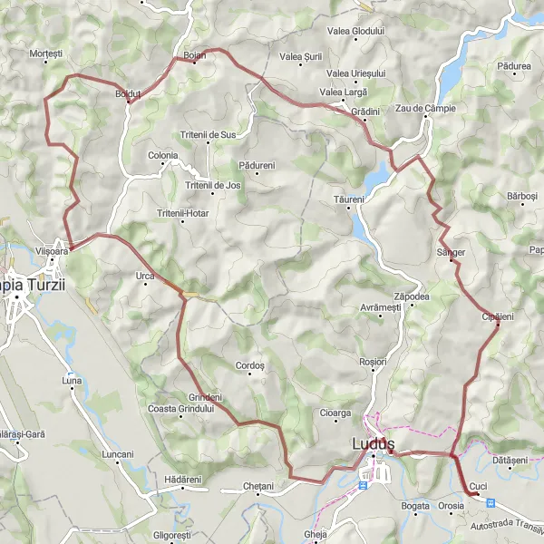 Map miniature of "Grindeni Gravel Adventure" cycling inspiration in Centru, Romania. Generated by Tarmacs.app cycling route planner