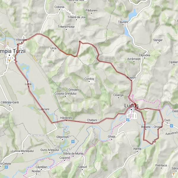 Map miniature of "Hădăreni and Roșiori Gravel Bike Route" cycling inspiration in Centru, Romania. Generated by Tarmacs.app cycling route planner