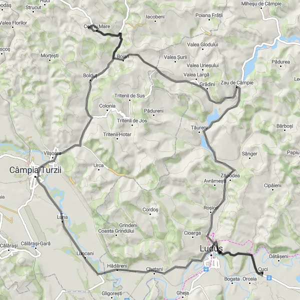 Map miniature of "Luna and Gaura Sângerului Road Cycling Adventure" cycling inspiration in Centru, Romania. Generated by Tarmacs.app cycling route planner