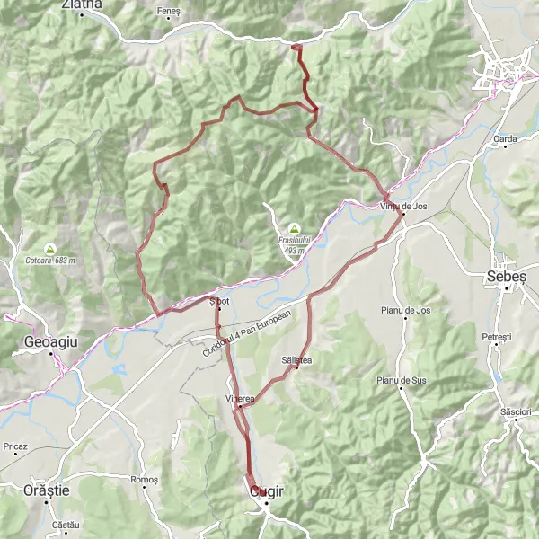 Map miniature of "Cugir Gravel Challenge" cycling inspiration in Centru, Romania. Generated by Tarmacs.app cycling route planner