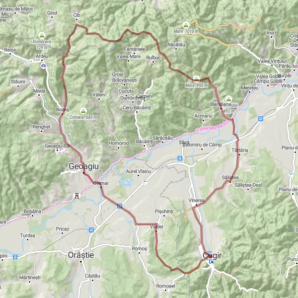 Map miniature of "Mountains and Valleys Gravel Adventure" cycling inspiration in Centru, Romania. Generated by Tarmacs.app cycling route planner