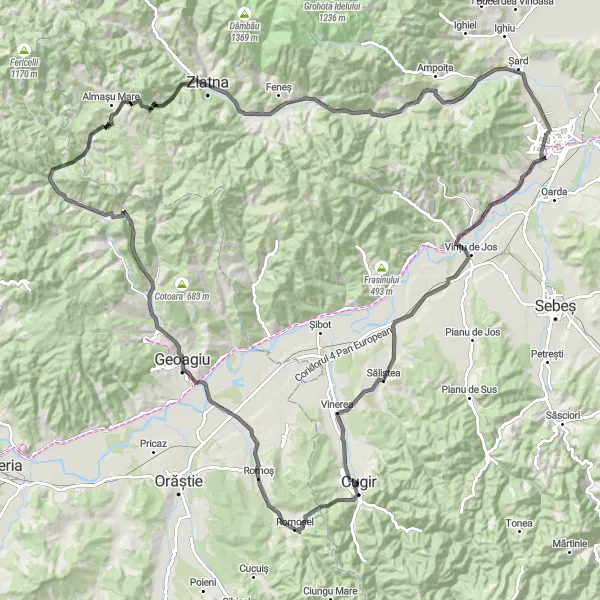 Map miniature of "The Geoagiu Challenge" cycling inspiration in Centru, Romania. Generated by Tarmacs.app cycling route planner