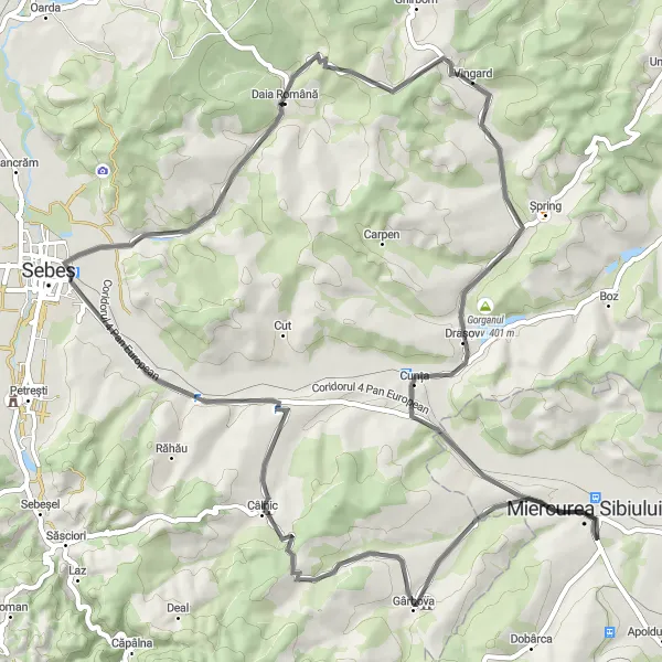 Map miniature of "Medieval Magic and Tranquil Roads" cycling inspiration in Centru, Romania. Generated by Tarmacs.app cycling route planner