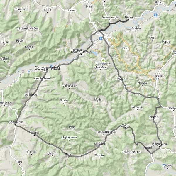 Map miniature of "Road Adventure to Moșna" cycling inspiration in Centru, Romania. Generated by Tarmacs.app cycling route planner