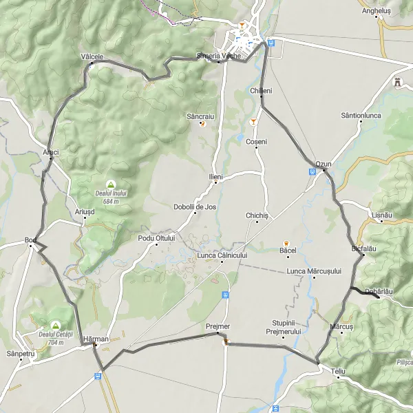 Map miniature of "Dobârlău to Bicfalău Road Cycling Route" cycling inspiration in Centru, Romania. Generated by Tarmacs.app cycling route planner