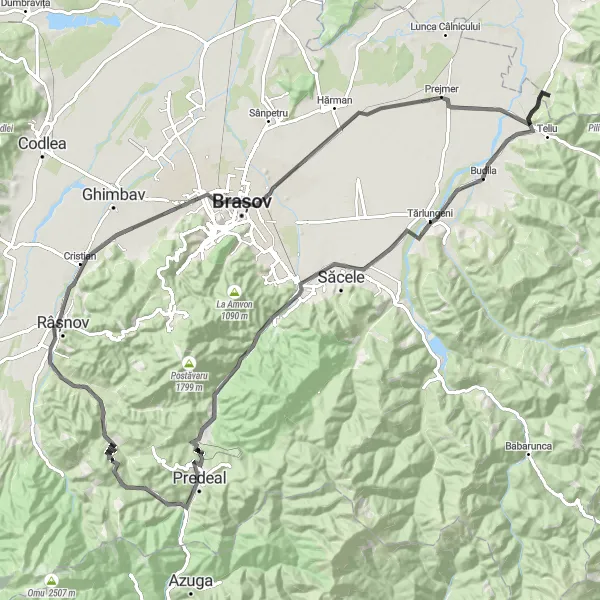 Map miniature of "Ultimate Road Cycling Challenge: Dobârlău to Prejmer" cycling inspiration in Centru, Romania. Generated by Tarmacs.app cycling route planner