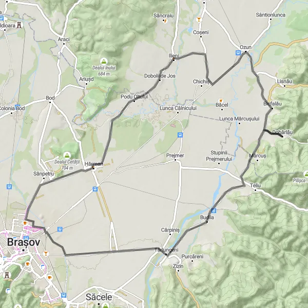 Map miniature of "Hărman Scenic Road Loop" cycling inspiration in Centru, Romania. Generated by Tarmacs.app cycling route planner