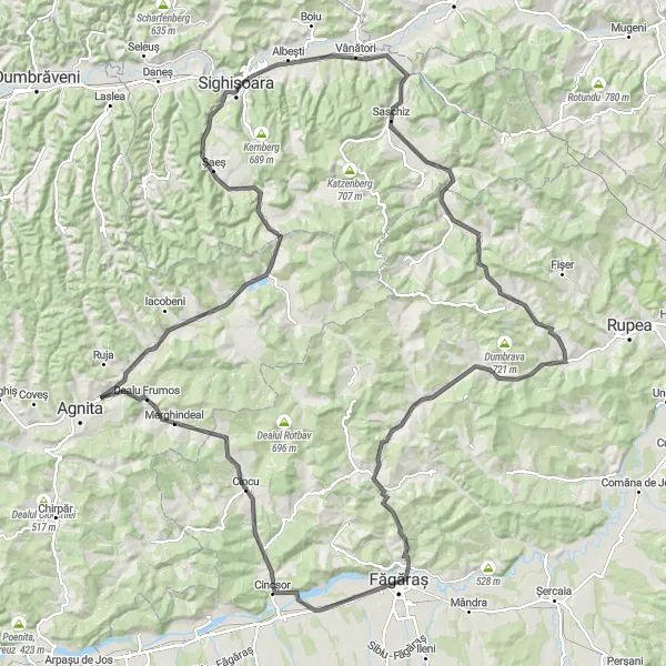 Map miniature of "Făgăraș Road Expedition" cycling inspiration in Centru, Romania. Generated by Tarmacs.app cycling route planner