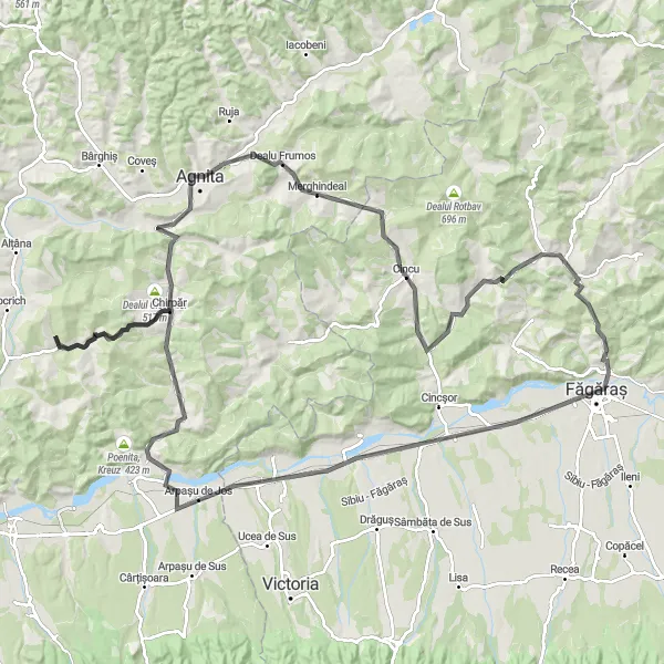 Map miniature of "Făgăraș to Făgăraș Citadel Road Route" cycling inspiration in Centru, Romania. Generated by Tarmacs.app cycling route planner