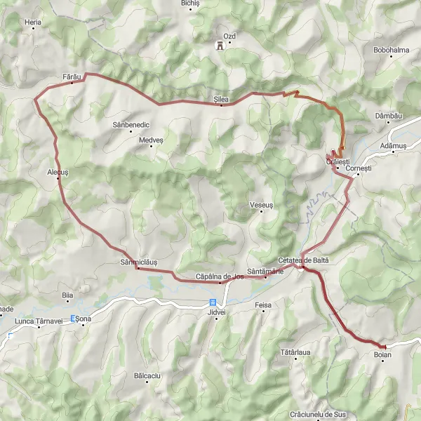 Map miniature of "Fărău Gravel Exploration" cycling inspiration in Centru, Romania. Generated by Tarmacs.app cycling route planner