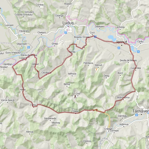 Map miniature of "Gravel Adventure to Bobohalma" cycling inspiration in Centru, Romania. Generated by Tarmacs.app cycling route planner