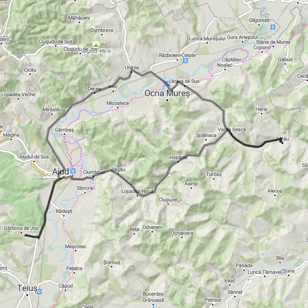 Map miniature of "The Ciumbrud Loop" cycling inspiration in Centru, Romania. Generated by Tarmacs.app cycling route planner