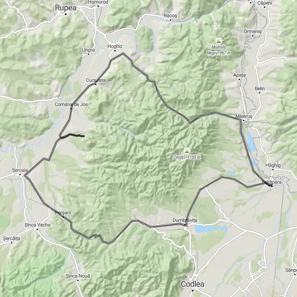 Map miniature of "Dumbrăvița - Măieruș Circuit" cycling inspiration in Centru, Romania. Generated by Tarmacs.app cycling route planner