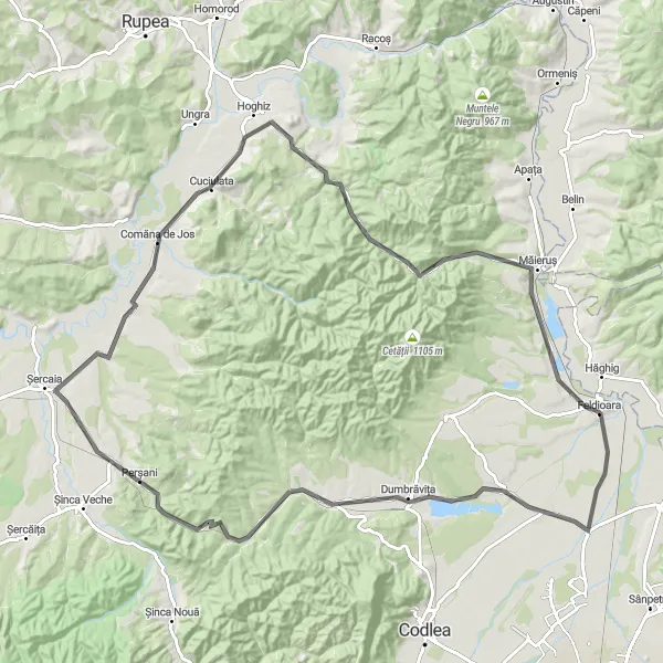 Map miniature of "Hălchiu - Măieruș Circuit" cycling inspiration in Centru, Romania. Generated by Tarmacs.app cycling route planner
