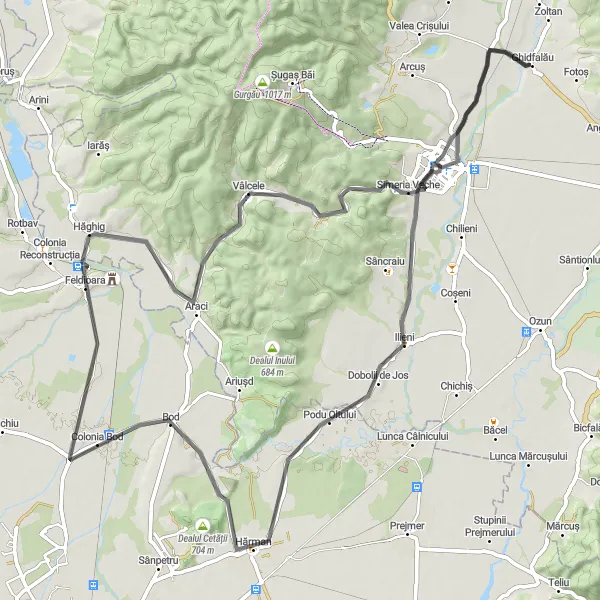Map miniature of "Hăghig - Bod Scenic Route " cycling inspiration in Centru, Romania. Generated by Tarmacs.app cycling route planner