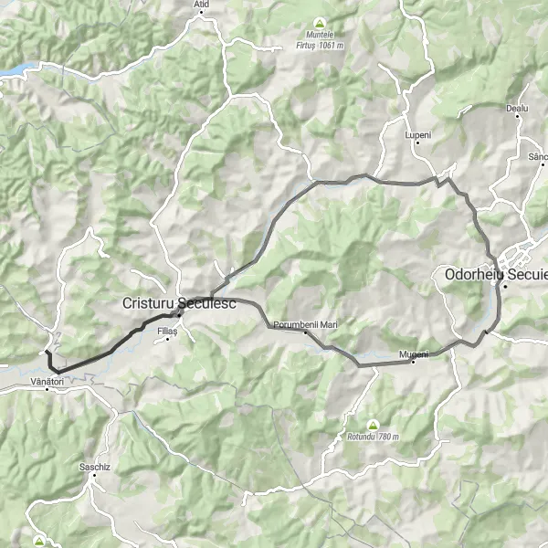 Map miniature of "The Countryside Escape" cycling inspiration in Centru, Romania. Generated by Tarmacs.app cycling route planner