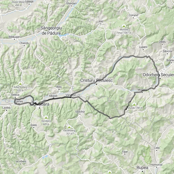 Map miniature of "Road Cycling Adventure from Feliceni" cycling inspiration in Centru, Romania. Generated by Tarmacs.app cycling route planner