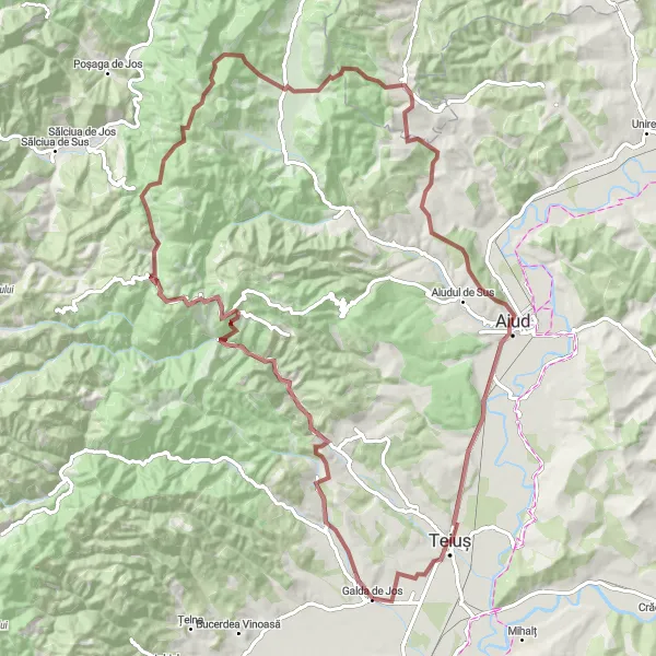 Map miniature of "Gravel Adventure: Galda de Jos to Hidiș" cycling inspiration in Centru, Romania. Generated by Tarmacs.app cycling route planner