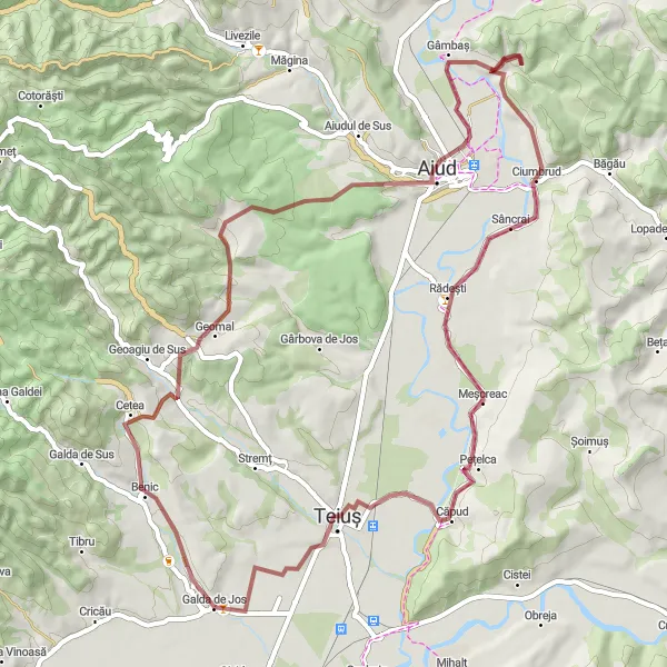 Map miniature of "Scenic Ride: Galda de Jos to Teiuș" cycling inspiration in Centru, Romania. Generated by Tarmacs.app cycling route planner