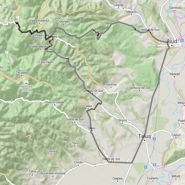 Map miniature of "Geoagiu de Sus Adventure" cycling inspiration in Centru, Romania. Generated by Tarmacs.app cycling route planner