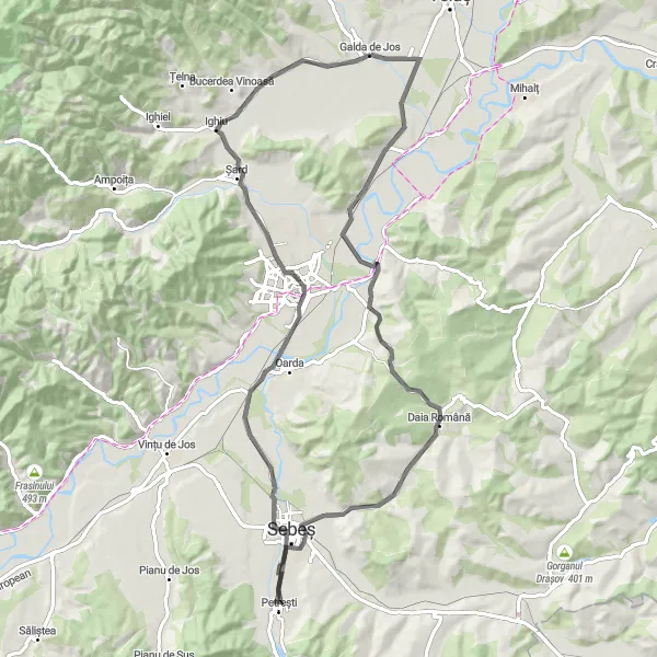 Map miniature of "Galda de Jos Loop" cycling inspiration in Centru, Romania. Generated by Tarmacs.app cycling route planner