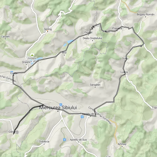 Map miniature of "Apoldu de Jos Loop" cycling inspiration in Centru, Romania. Generated by Tarmacs.app cycling route planner