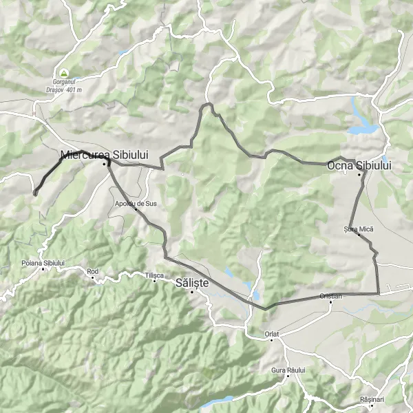 Map miniature of "Countryside Serenade" cycling inspiration in Centru, Romania. Generated by Tarmacs.app cycling route planner