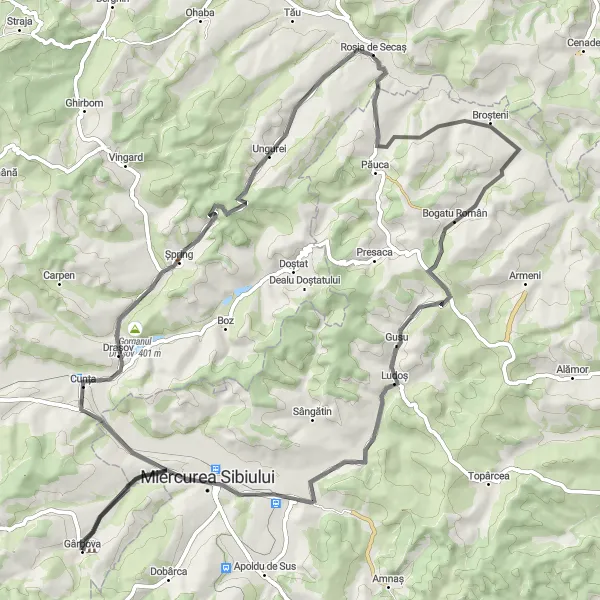 Map miniature of "Mountainous Charm" cycling inspiration in Centru, Romania. Generated by Tarmacs.app cycling route planner