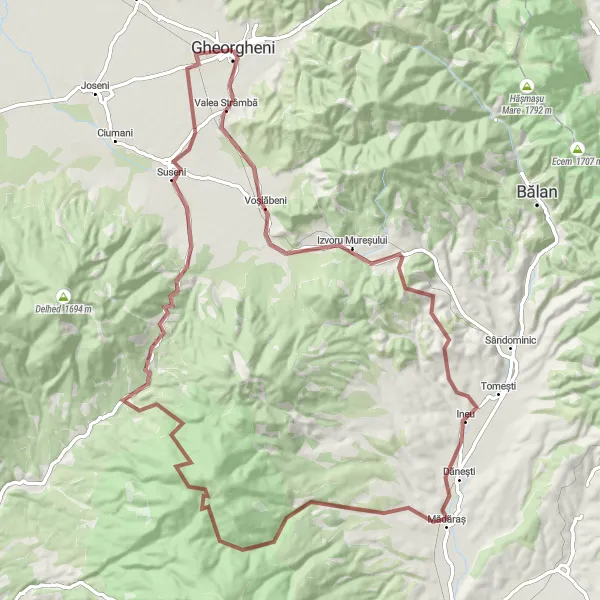 Map miniature of "Gheorgheni - Izvoru Mureșului Loop" cycling inspiration in Centru, Romania. Generated by Tarmacs.app cycling route planner