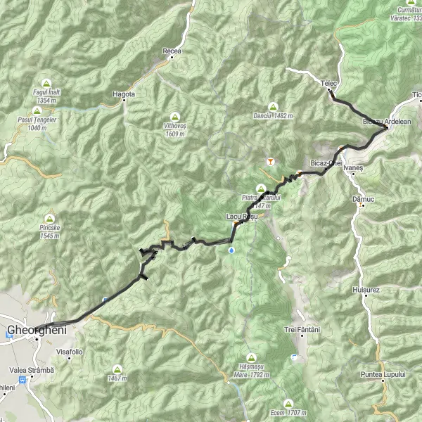 Map miniature of "Gheorgheni to Bicaz-Chei Road Route" cycling inspiration in Centru, Romania. Generated by Tarmacs.app cycling route planner